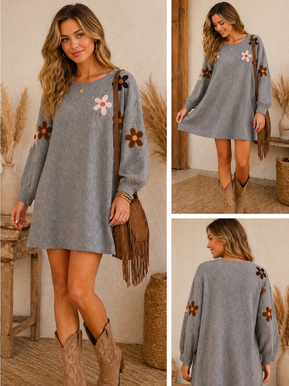 Aaeda Gray Floral Appliqué Sweater